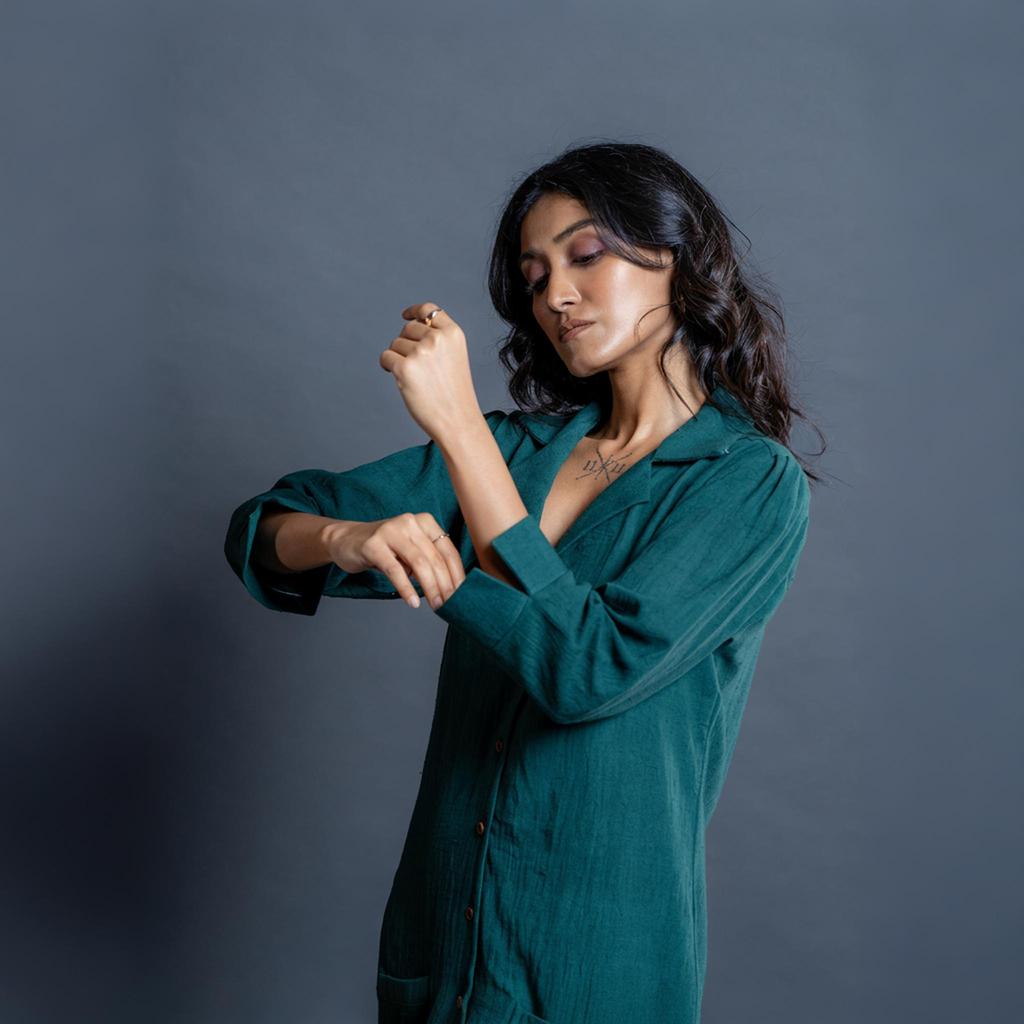 Women's Shirt Dress made of Cotton - Teal Button Down Long Dress, Kala Cotton Shirt Style, Loose Relaxed Fit