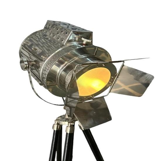 Námořní reflektorová stojací lampa Designový chrom s černým dřevěným stativem 177,8 cm Studio Domácí dekorace Dárek k nastěhování