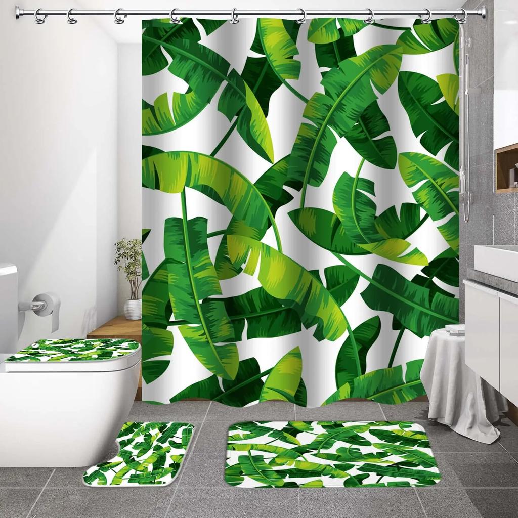 Elegant Leaves Big Flowers Print Shower Curtain With Hooks High Quality Waterproof Bathroom Curtain Bath Mat Set Home Decoration