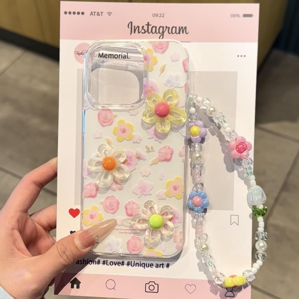 Spring three-dimensional flower Apple 11promax mobile phone case 11pro transparent white background lanyard large hole hard case 11 women