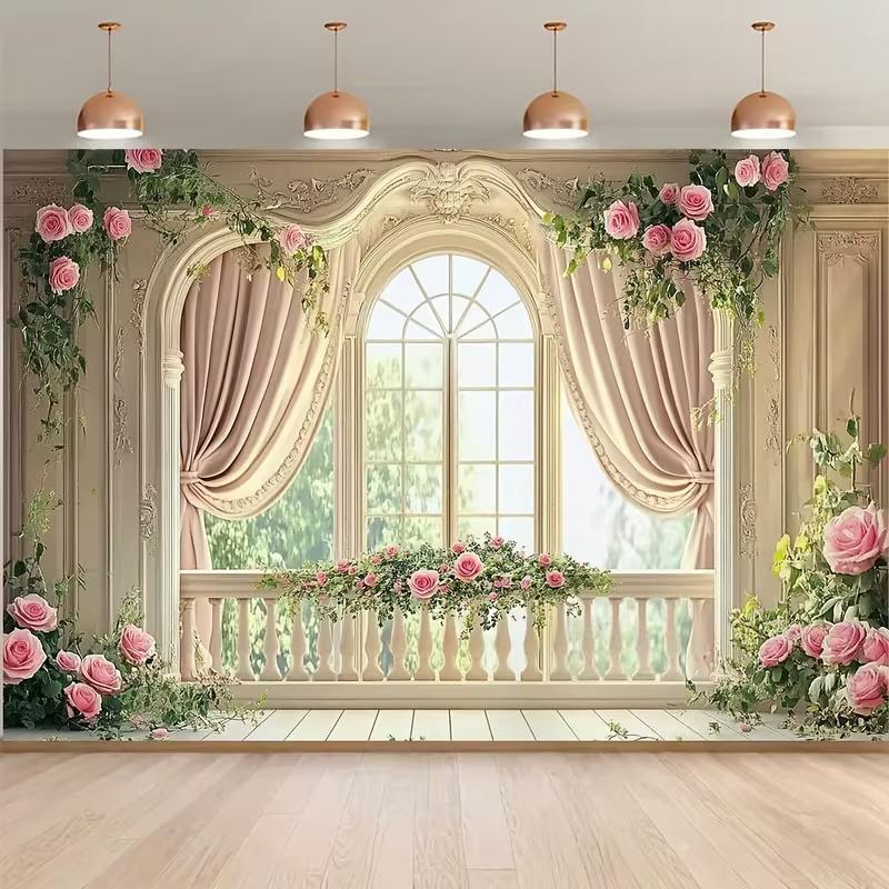 

2D Romantic Balcony Backdrop Ornate European Window with Pink Roses Photography Background 47.2x31.5inch/120*80cm