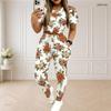 Women Plus Size White Printed Round Neck Short Sleeve Crop Top Drawstring Pocket Pants Two Piece Set