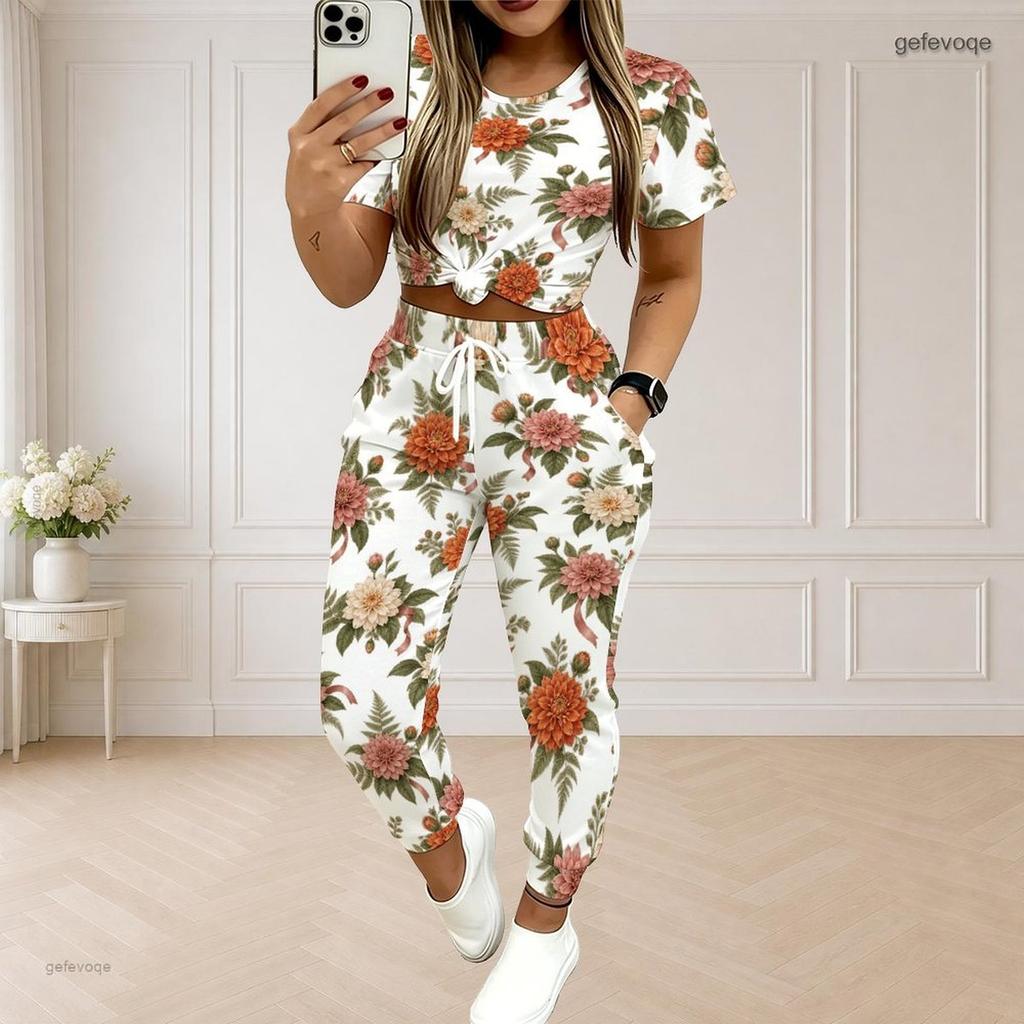 Women Plus Size White Printed Round Neck Short Sleeve Crop Top Drawstring Pocket Pants Two Piece Set