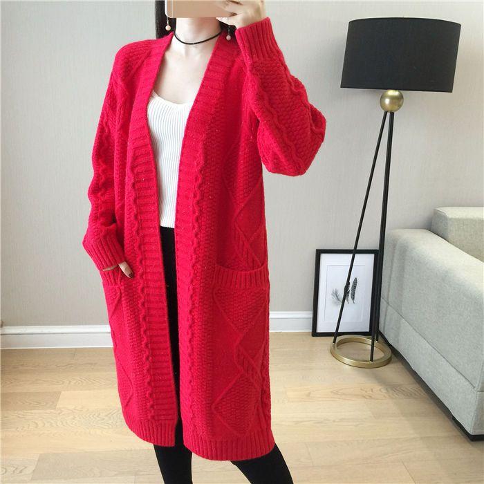 Loose V-neck Mid-length Knitted Cardigan for Women Diamond-shaped Twisted Sweater Coat Solid-color Casual Long-sleeved Cardigan