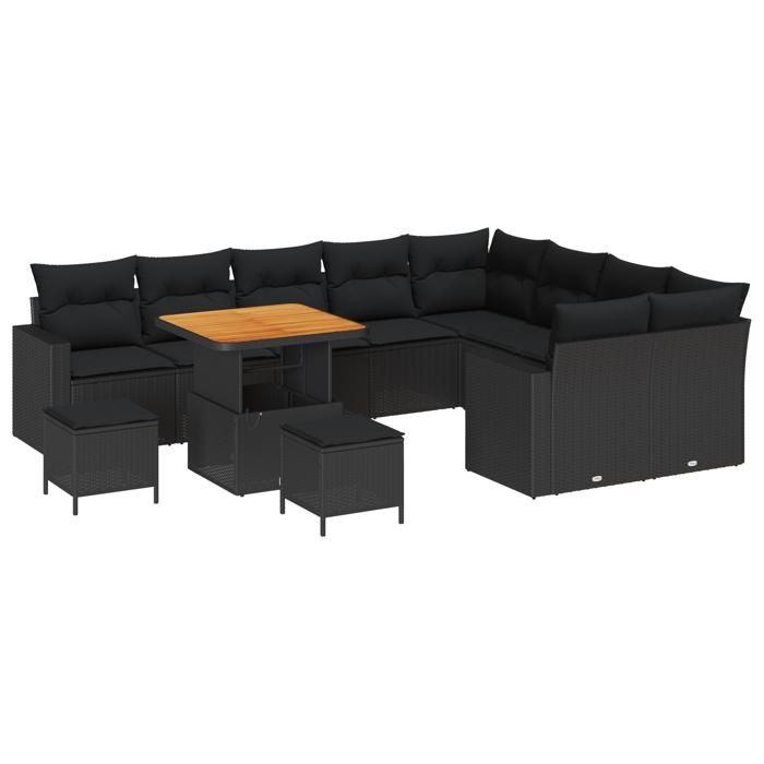Ensemble de Canapés de Jardin de 12 Pièces avec Coussins Rotin Poly Noir Acacia., Ensemble de Salle à Manger de Jardin de 3 3361649