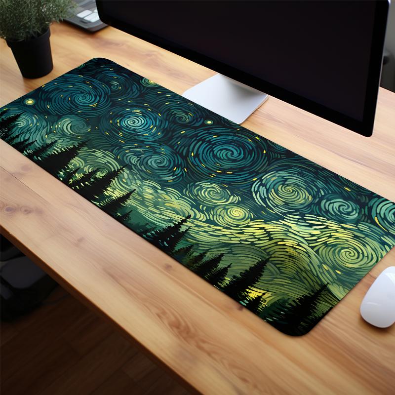 Starry Night Forest Extended Gaming Mouse Pad Large Non-Slip Rubber Base Desk Mat with Stitched Edges for Home Office and Gaming