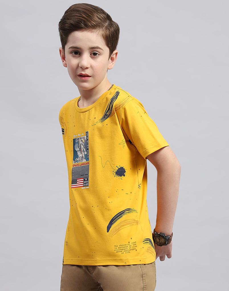 MONTE CARLO Boys Mustard Printed Round Neck Half Sleeve Regular Fit T-Shirt