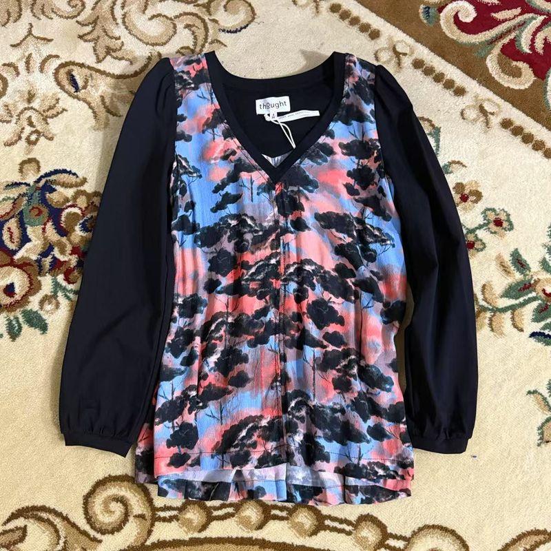 

Leak-Picking Export Tail Single Stretch Cotton Print Long Sleeves V Neck Top Pullover Print 6