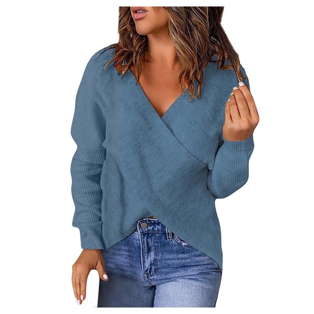 Damen-Pullover, lässig, einfarbig, V-Ausschnitt, lockerer Strickpullover, gerippter Strickpullover