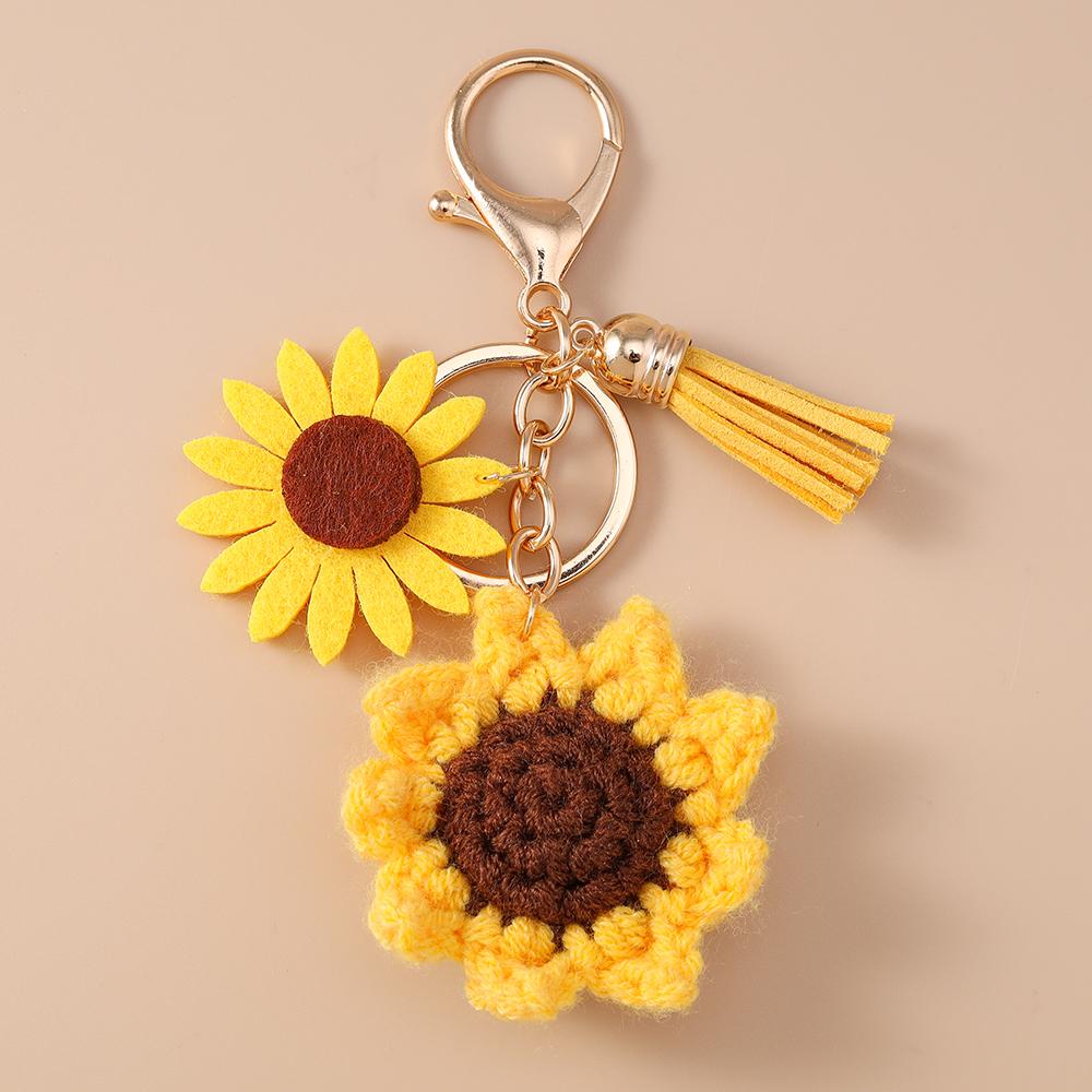 Aihua Handmade Knitted Sunflower Keychain For Women Girl Cute Crocheted Bee Flower Key Ring Handbag Pendants Jewelry Gifts
