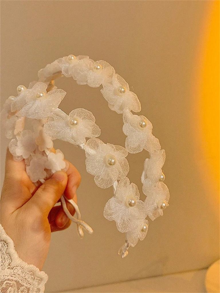 1 Women's Summer New Solid Color Soft Sweet Flower Headband White Pearl Headband Sen Tie Headband Hair Accessory Headpiece