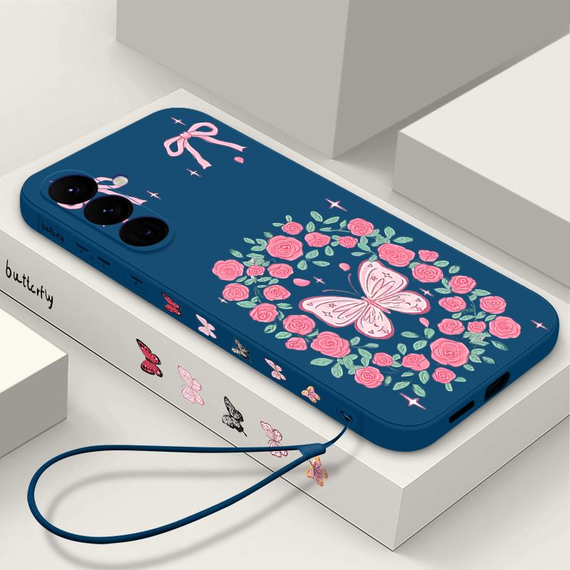 Vintage Flower Butterfly Case For Samsung Galaxy A56 A17 A26 A16 A36 A55 A54 A53 A15 S24 S25 FE S25 S22 S23 Ultra Plus Lanyard Soft Cover