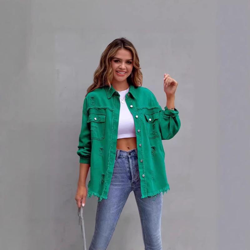 New Long-style Burr-ripped Denim Jacket Women's Autumn and Winter Long-sleeved Casual Lapel Top