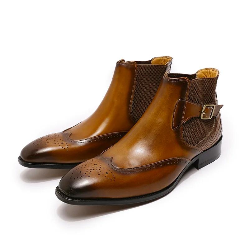 

Men s Vintage Chelsea Ankle Boots Handmade Genuine Leather High Top Slip-On Brogue Dress Shoes Warm Winter Footwear 39