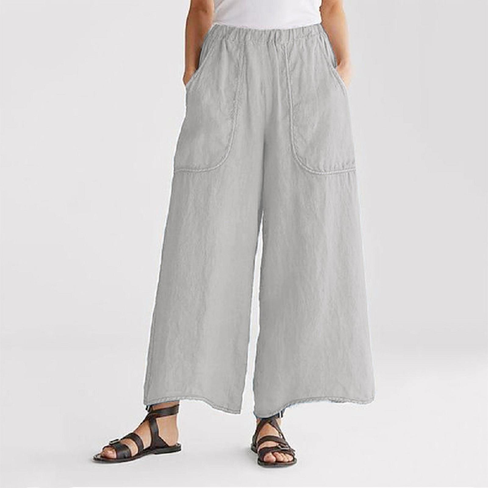 Ladies  Loose And Comfortable Pocket Elastic Waist Casual Pants Color Wide Leg Pants XXL