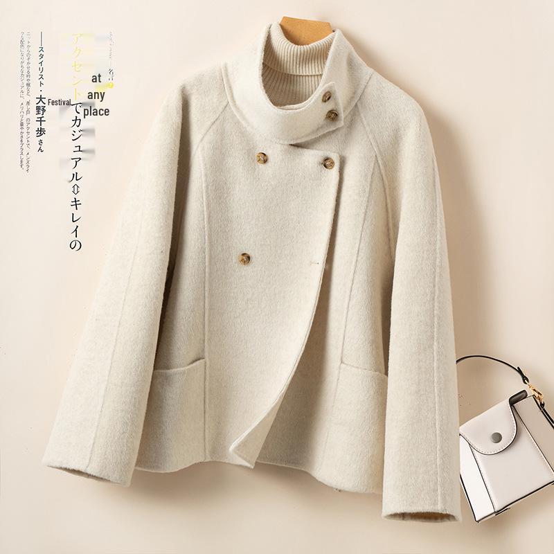 

Korean Style Women s Short Wool Blend Coat - Double-Faced, Stand-Up Collar, Double-Breasted, Autumn and Winter Collection. Medium