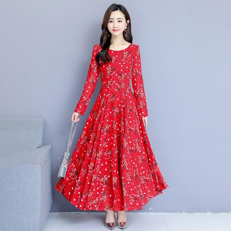 Rochie evazată florală elegantă Rochie de plajă cu mânecă lungă cu gât rotund Fustă A-Line imprimată