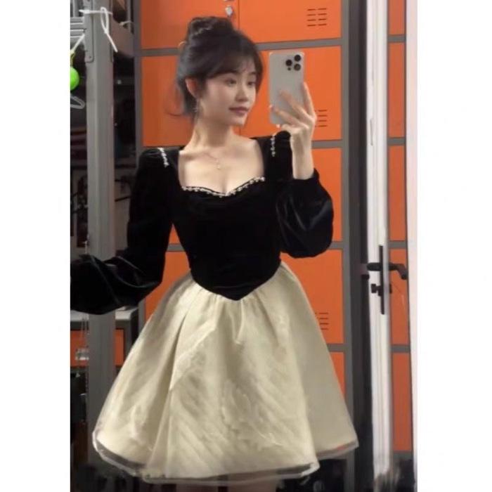

Black Patchwork Square Neck Spring Dress for Girls - Elegant Princess Fluffy Cinching Petite Skirt Small