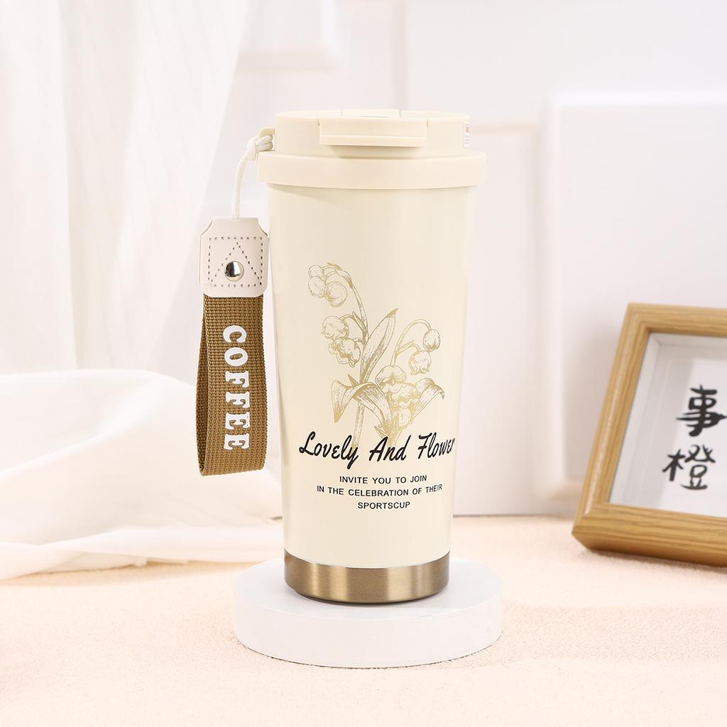 High Value Business Lily of the Valley Coffee Cup Fashionable Stainless Steel Thermos Cup with Lifting Rope Portable Double Drinking Cup