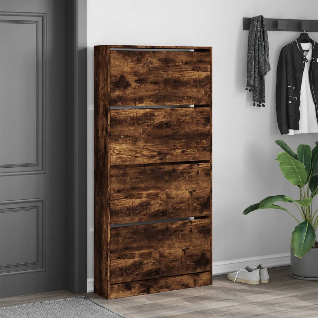 Shoe Cabinet with 4 Doors Smoked Oak Finish 80 x 21 x 163.5 cm