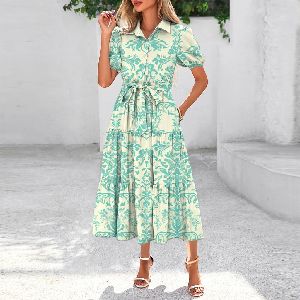 Womens Summer Dresses Short Sleeve Button Tie Waist Boho Flowy Maxi Dress