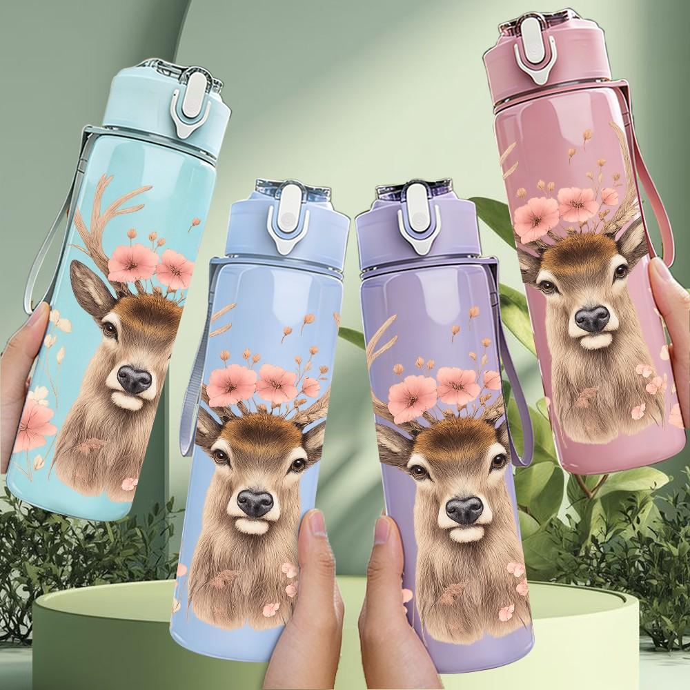 1PC Floral Deer Pattern 750ml Color Plastic Sports Water Bottle Leakproof Flip Straw Lid Suitable for Sports Office Home Use