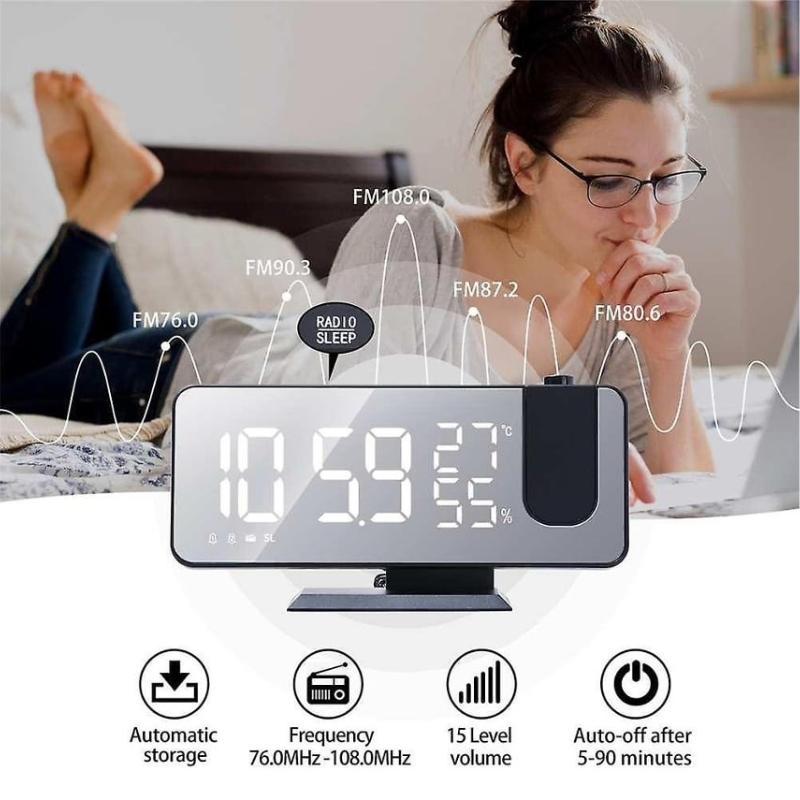 LED Digital Alarm Clock with FM Radio,Time Projection, USB Port, Snooze-Desktop Bedroom Clock (Black)