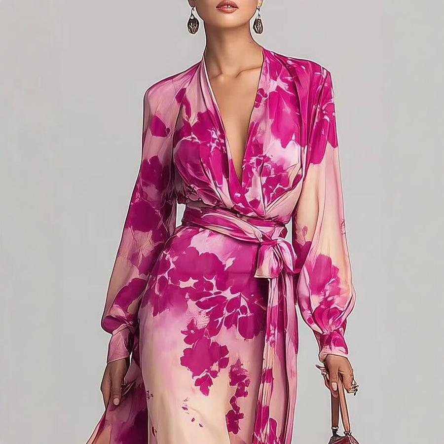 Robe Maxi Chiffon Légère Florale Coupe-Vent Manches Longues Col en V à Nouer Élégant Tempérament Nouveau Style Printemps
