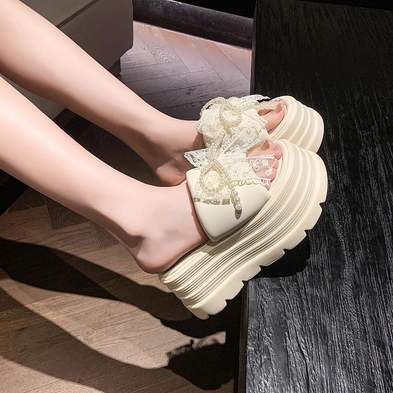 Fashion 8CM New 2025 Pearl Strap Chunky Sandals Women Summer High Platform Wedges Slippers Woman Fashion Heels Thick Bottom Beach Slides