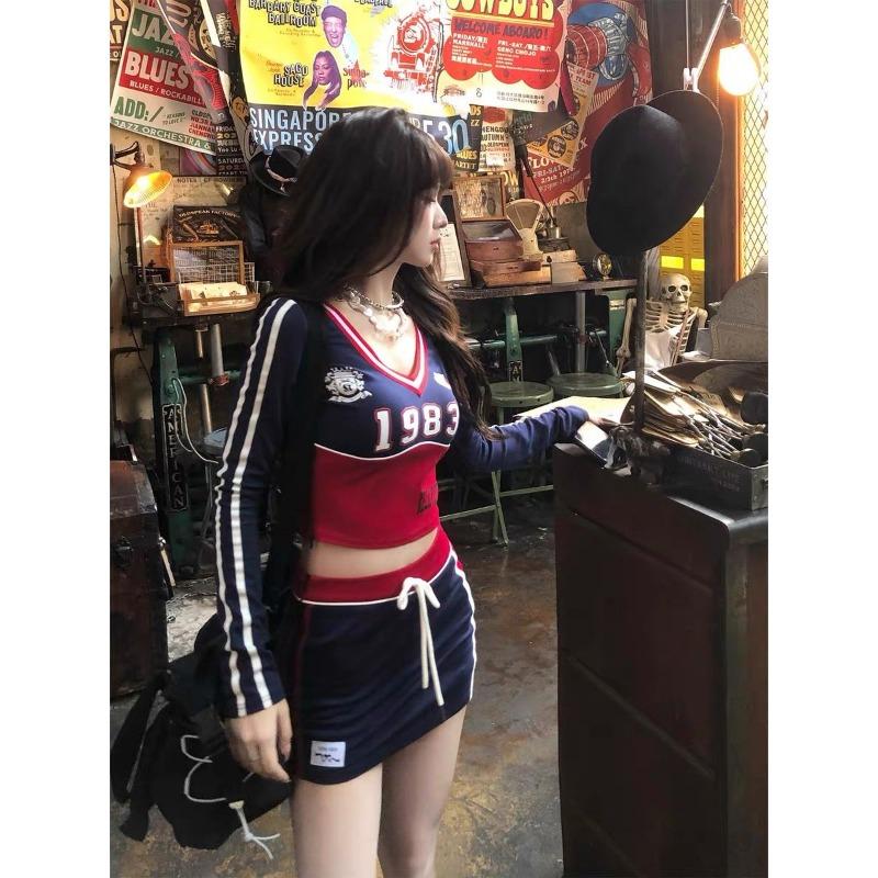 Y2k Estetické Streetwear Trička Ženy Americké Retro Sexy Koketní Pruhované Patchworkové Slim Trička Topy E-girl Podzim