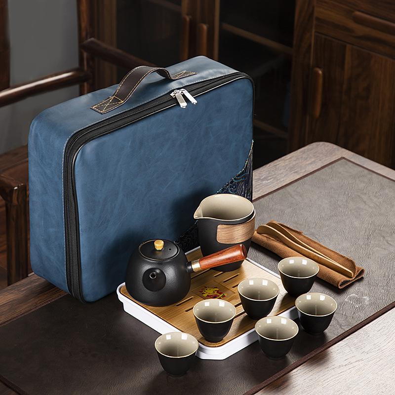 

Black pottery tea set gifts for customers, practical ceramic six cups, side handle pot, portable kung fu travel set