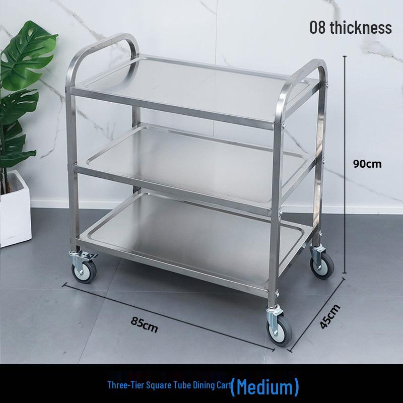 Three-tier Stainless Steel Service Cart: Meal, Food, Beverage, and Dish Collection Trolley for Restaurants and Hotels.
