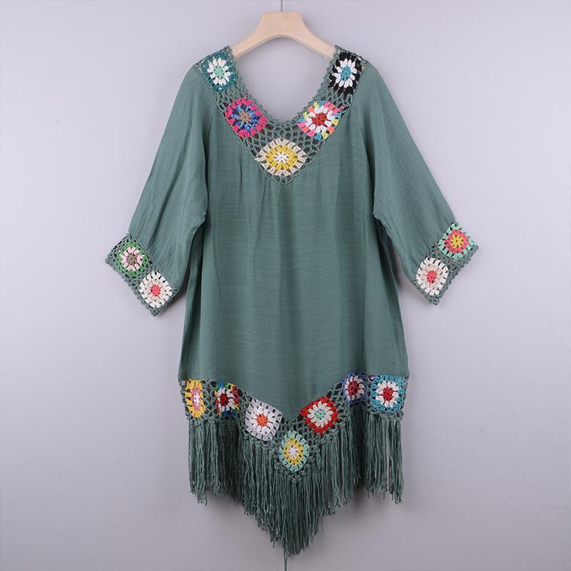 Off-the-shoulder Three-quarter Sleeve Hook Flower Stitching Irregular Tassel Beach Sun-proof Blouse Ethnic Style Dress