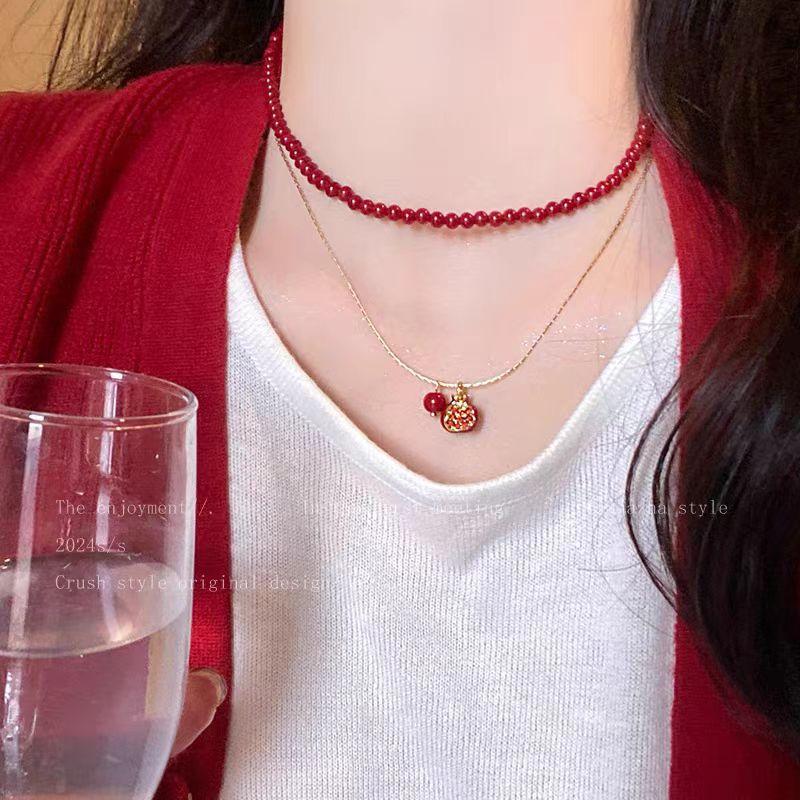 Pomegranate Ripe Festive Red Necklace Women'S Stacked Collarbone Chain High-End Light Luxury Niche Accessories Sweater Chain