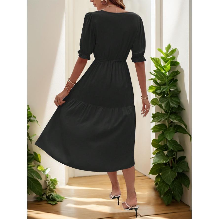 YYFS Women's Fashion Summer Spring Solid Color Print Short Sleeve V-Neck High Waist Casual Dresses