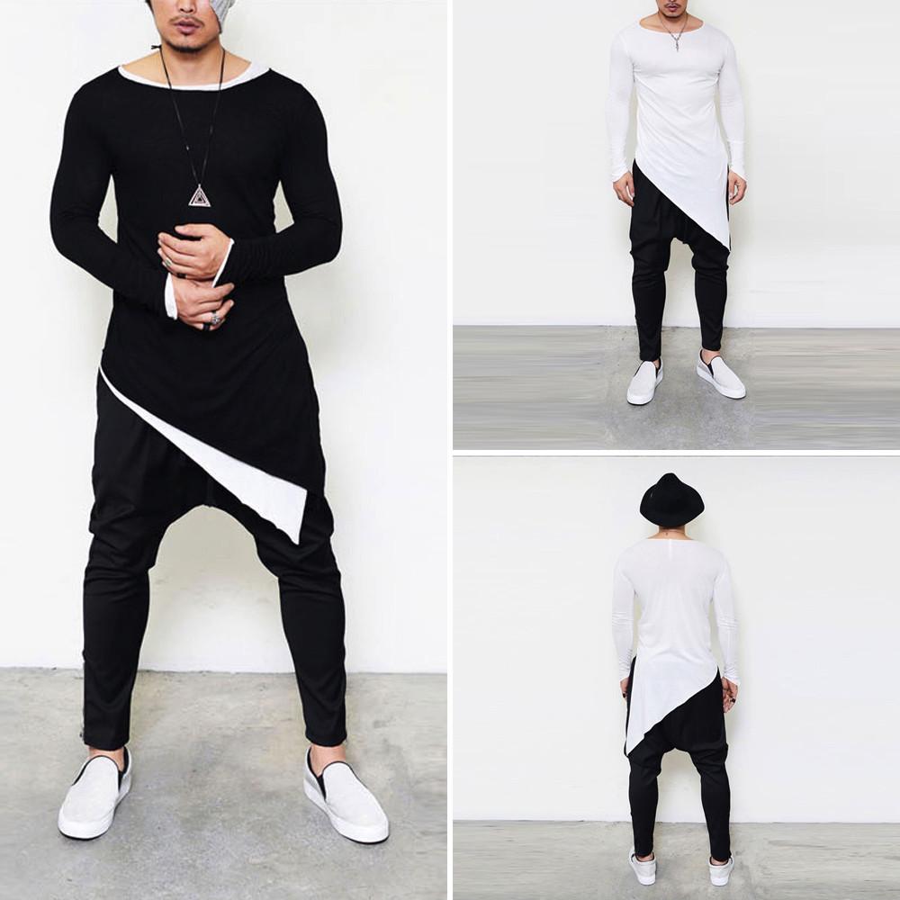 

Мужская осенняя однотонная блузка с неровным подолом и длинными рукавами, футболка