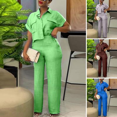 2 Pcs/Set Turn-down Collar Short Sleeves Single-breasted Solid Color High Elastic Waist Wide Leg Straight OL Commute