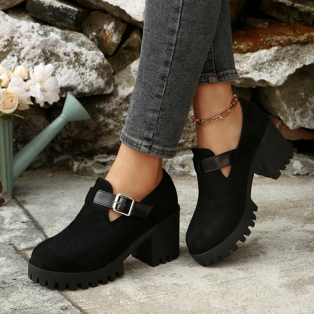 Mocassini Casual con Tacco Grosso e Fibbia Moda Retrò per Donna Nuovo Stile Primavera Bocca Bassa Comodi Scarpe Singole