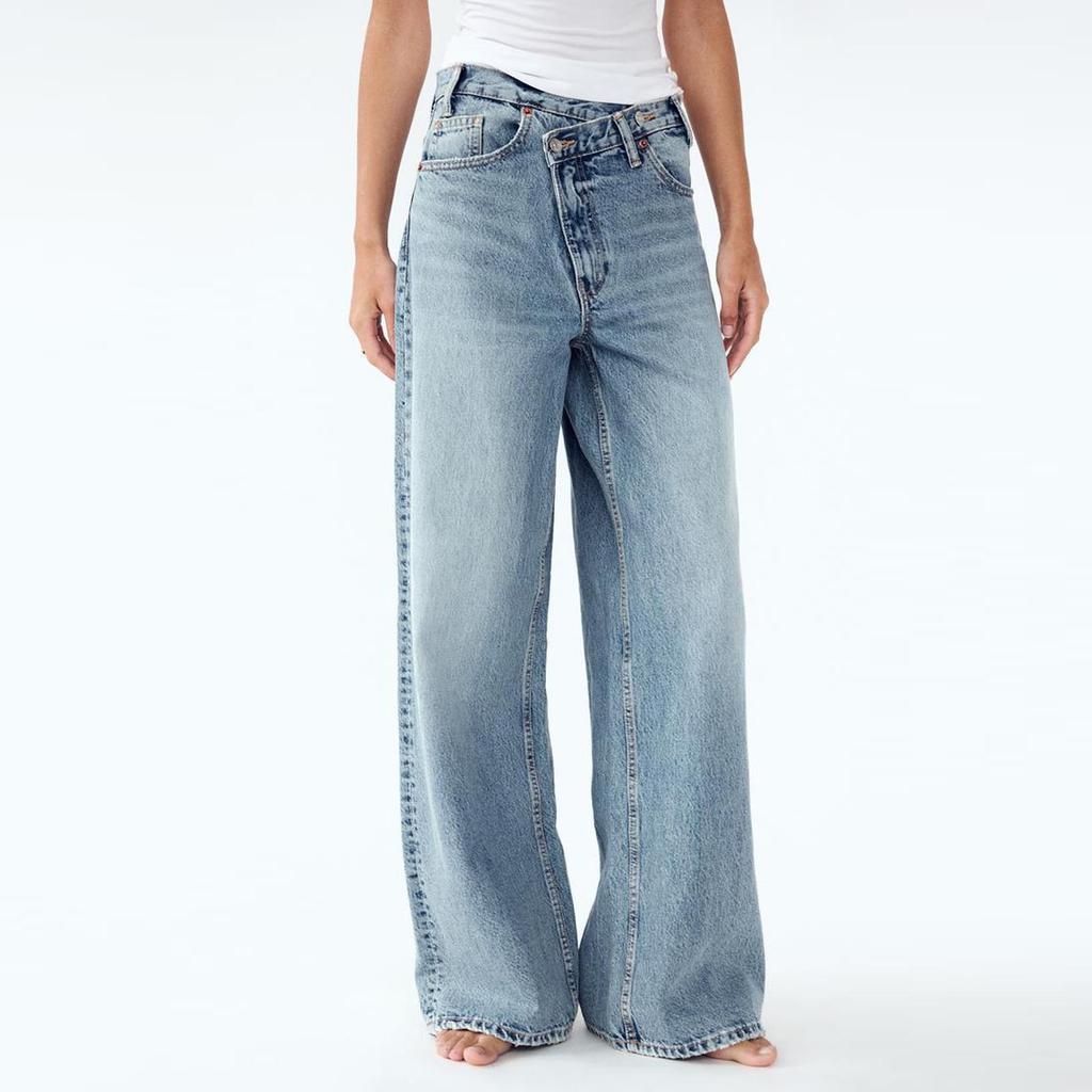 Women's Casual Fashion Color Elastic Waist Pockets Wide Leg Straight Jeans Pants