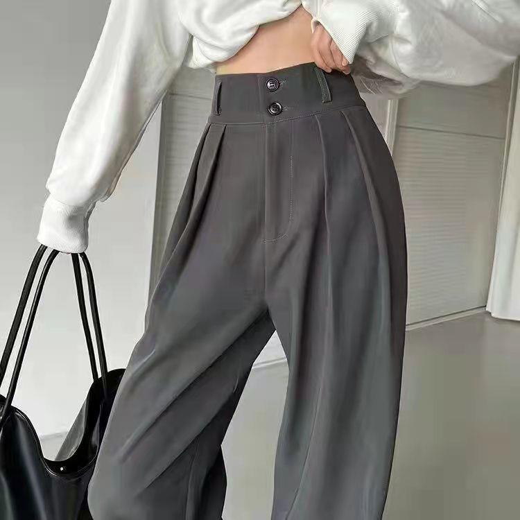 Gray High-Waisted Wide-Leg Pants for Women - Spring Plus Size, Drapey Straight Casual Suit