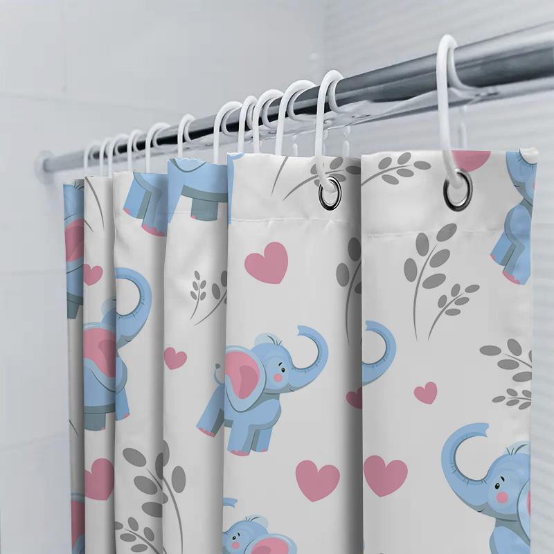Blue Elephant Shower Curtain Children'S Bath Decor Cute Heart Leaves Pattern For Bathroom Decoration (White)