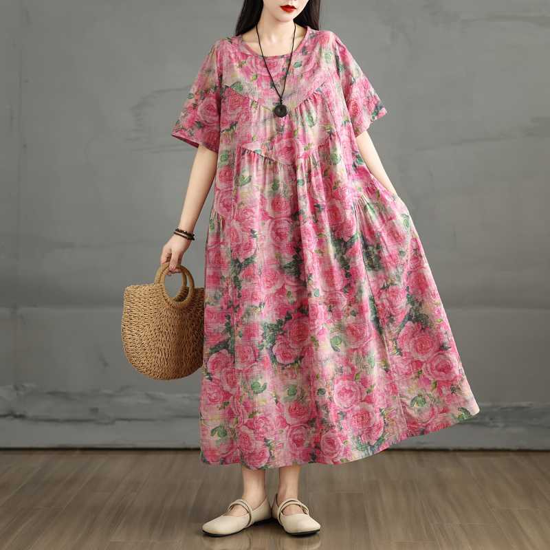 Retro Cotton and Linen Round Neck Short Sleeved Dress for Women, Loose A-line Skirt