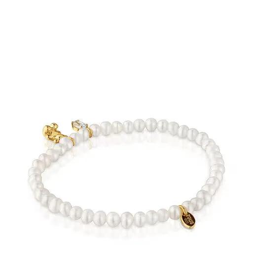 [TOUS] 18K Gold Vermeil Silver Bold Bear Pearl Topaz Elastic Bracelet 311561640