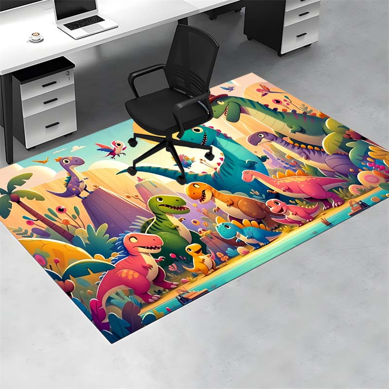 Cartoon Colorful Dinosaur Jungle Sun Landscape Print Area Rug Non‑Slip Rectangular Floor Mat Prehistoric Home Decor