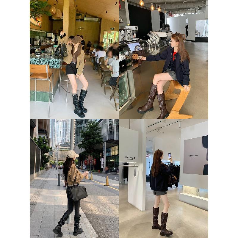 Cowhide version~ grape ma height increase 5cm long boots three-dimensional round head thick sole thick heel snap button knight boots women's tal