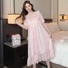 Linglei Summer Printing Color Lace Bow Mesh Court Princess Style Long Nightdress Pajamas Loungewear Women