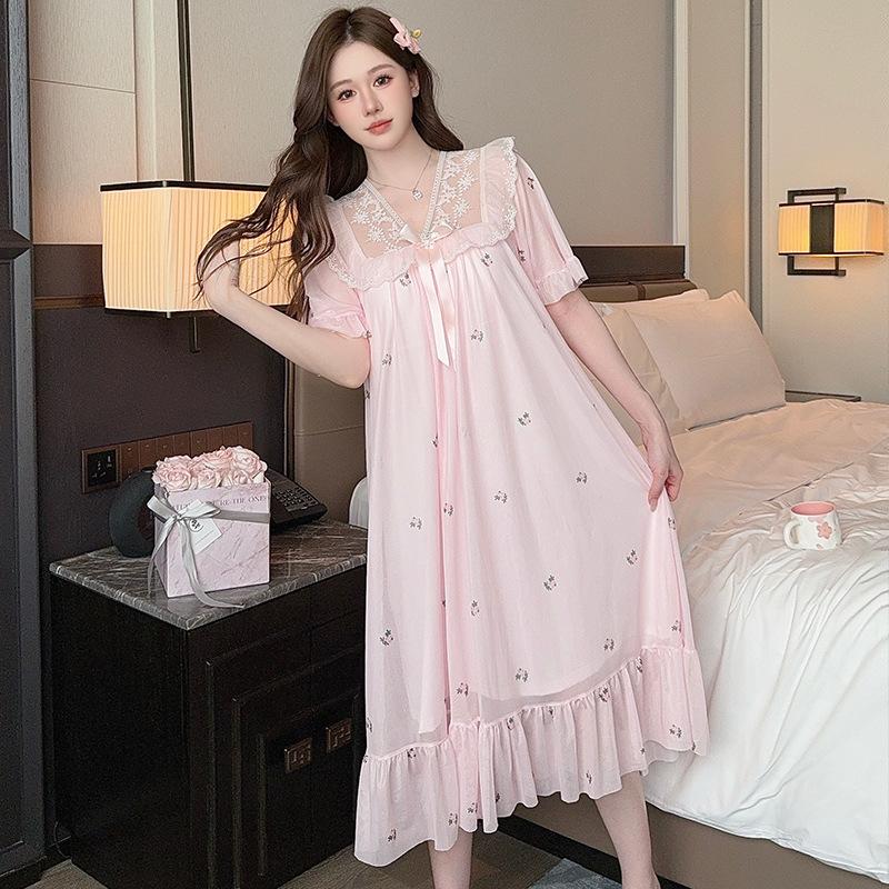 Linglei Summer Printing Color Lace Bow Mesh Court Princess Style Long Nightdress Pajamas Loungewear Women
