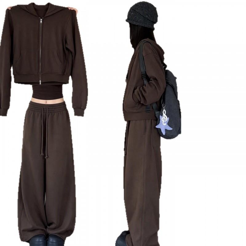Womens Brown 3-Piece Casual Set: Oversized Hoodie Long Sleeve Top Straight Leg Pants Korean Style Loose Fit Cotton Blend All