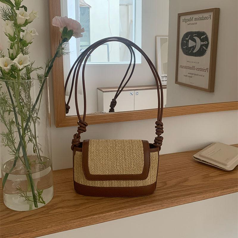Straw bags for women designer bags woven with cord wooden handle shoulder bag
