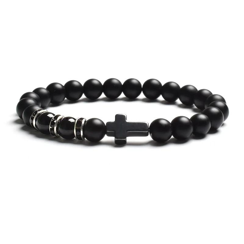 Fashion Religion Cross Men Women 8mm Natural Stone Tiger Eye & Black Matte Agates Bead Bracelet Elastic Bracelet Bangle Jewelry